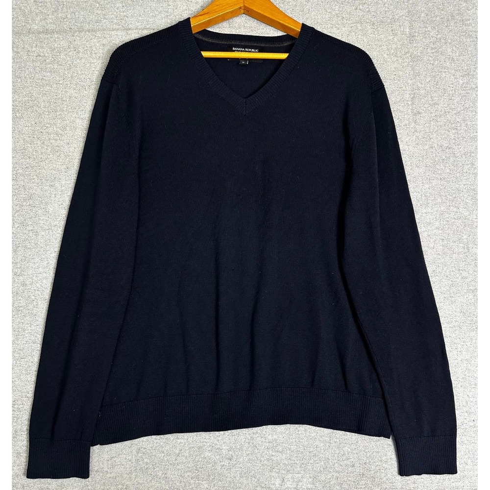 Banana Republic Sweater Mens XL Navy Blue Baruffa Italian Merino Yarn V Neck